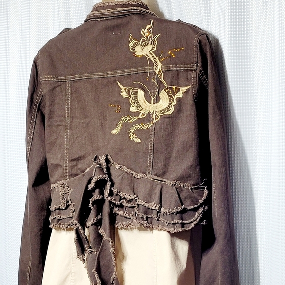 Banana Dark Brown Denim Crop Raw Edge Military Jacket Women's (S**) Made in USA - Picture 7 of 14